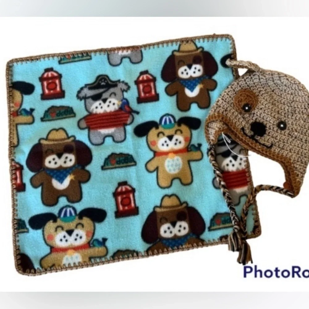Handmade Crochet Dog hat and Dogs in costume fleece lovey